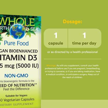 Natural Factors Whole Earth & Sea Vitamin D3 - Dietary Supplement Supports Strong Bones & Joints - Aids Calcium Absorption - Vegan & Non-GMO - 90 Vegetarian Capsules (90 Servings)