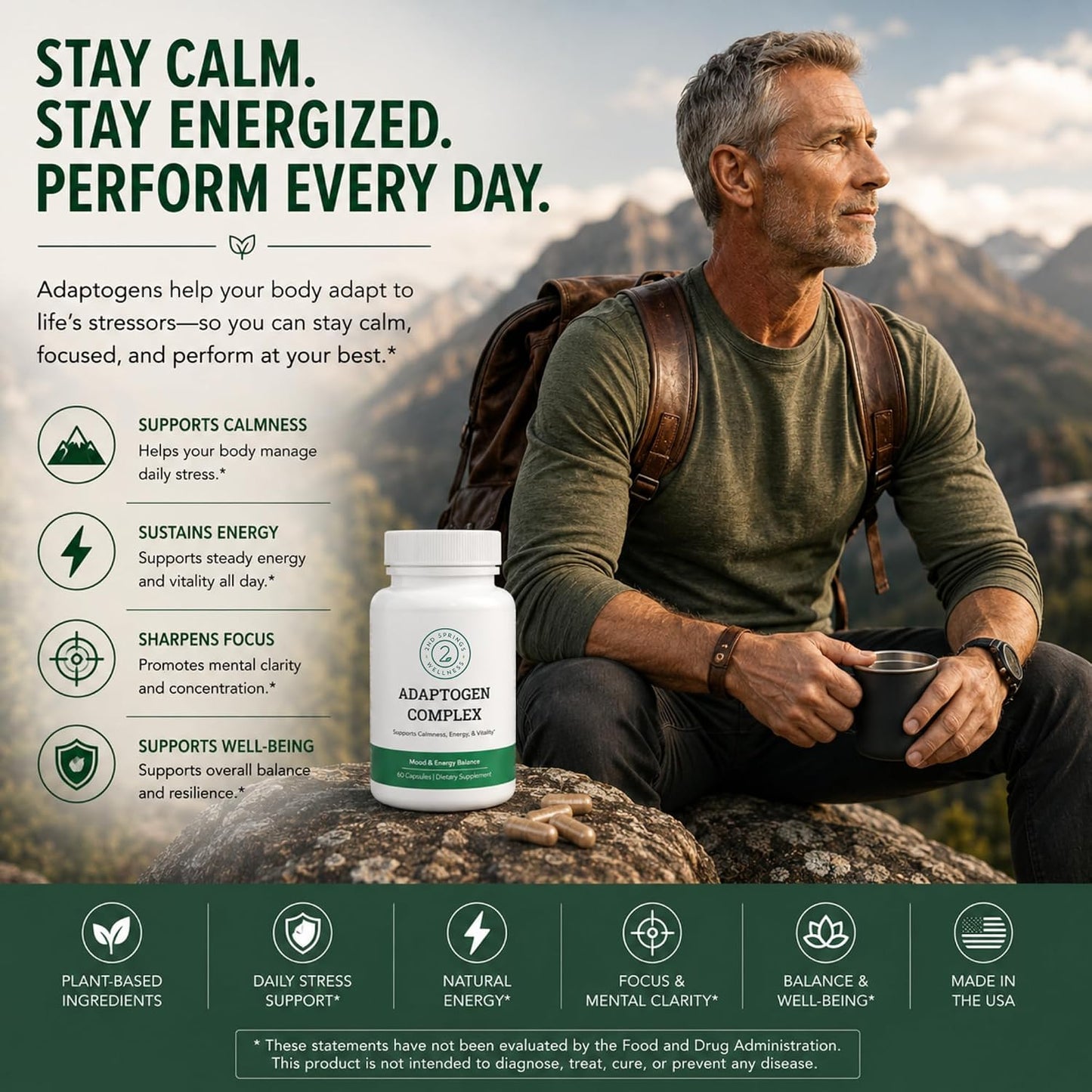 Adaptogen Complex Calmness, Energy and Vitality Booster - Ashwagandha, Schisandra, Astragalus, Ginseng, Rhodiola, and More - Adrenal Support Supplements - 60 Ct