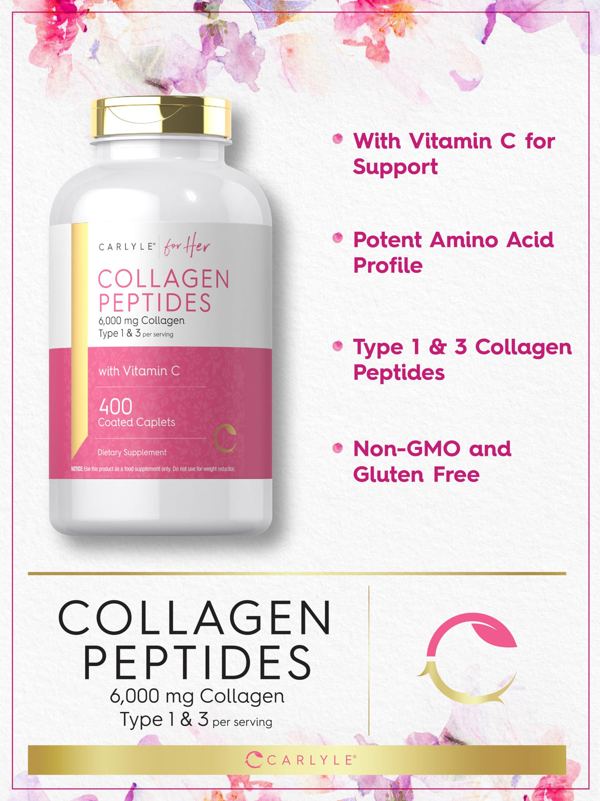 Carlyle Collagen Peptides 6000mg | 400 Caplets | with Vitamin C | Type 1 and 3 | Non-GMO, Gluten Free, Grass Fed Supplement Carlyle buy supplements Au