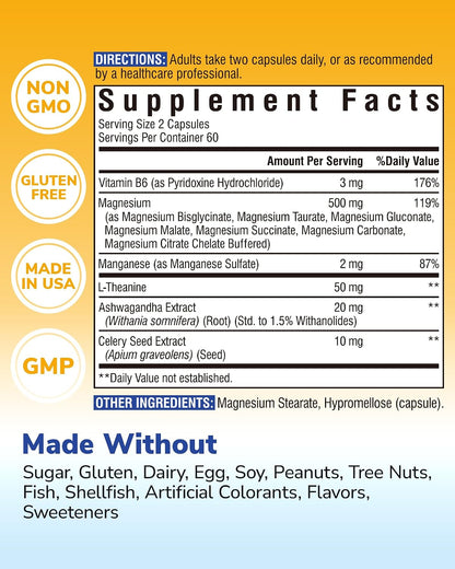 Vitalibre Magnesium Complex 500mg for Women Men, 120 Vegan Capsules | with Ashwagandha, L-Theanine, Vitamin B6 & Celery, High Absorption Magnesium Glycinate, Citrate, Malate, Sleep & Bone Support