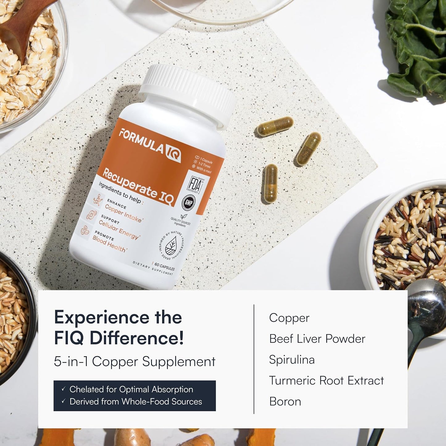 Formula IQ - Recuperate IQ - 5-in-1 Copper Supplements with Copper Bisglycinate - Easy-to-Swallow 2 mg Capsules - High Absorption, Boosts Energy - 60 Capsules