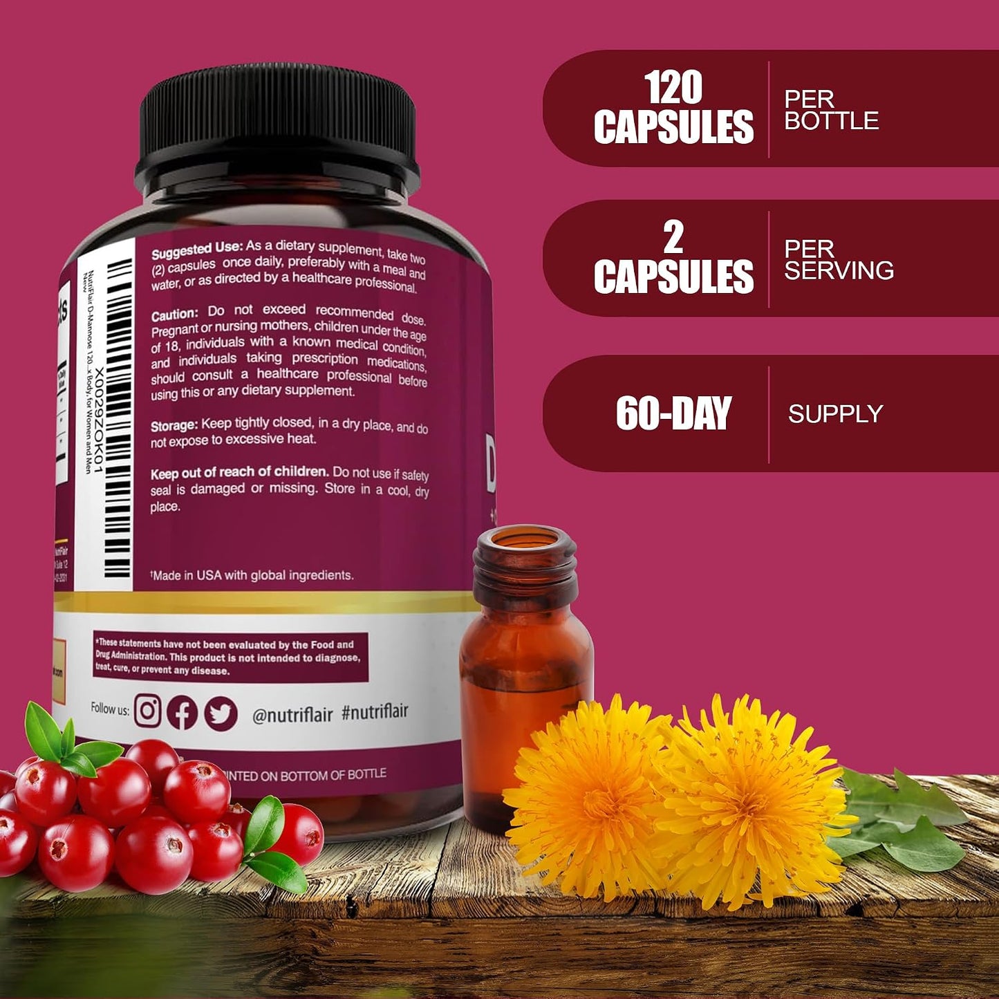 NutriFlair D-Mannose 120 Capsules, 1500mg - with Cranberry and Dandelion Extract - Natural Urinary Tract Health UTI Support - Best D Mannose Powder - Flush Impurities, Detox Body, for Women and Men