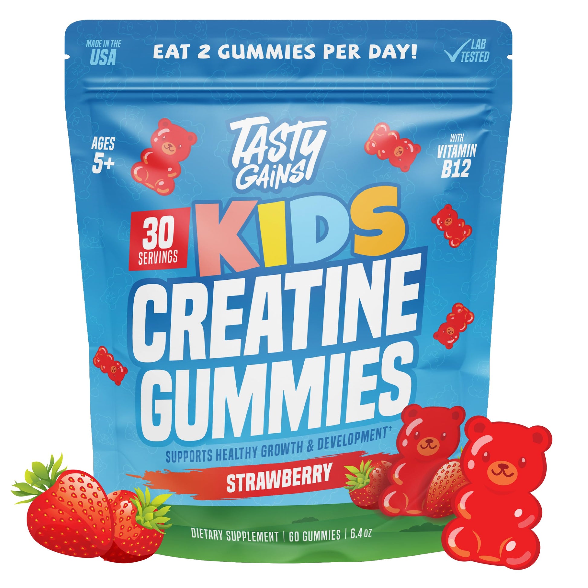 Package of Tasty Gains Kids Creatine Gummies with strawberry flavor on a white background