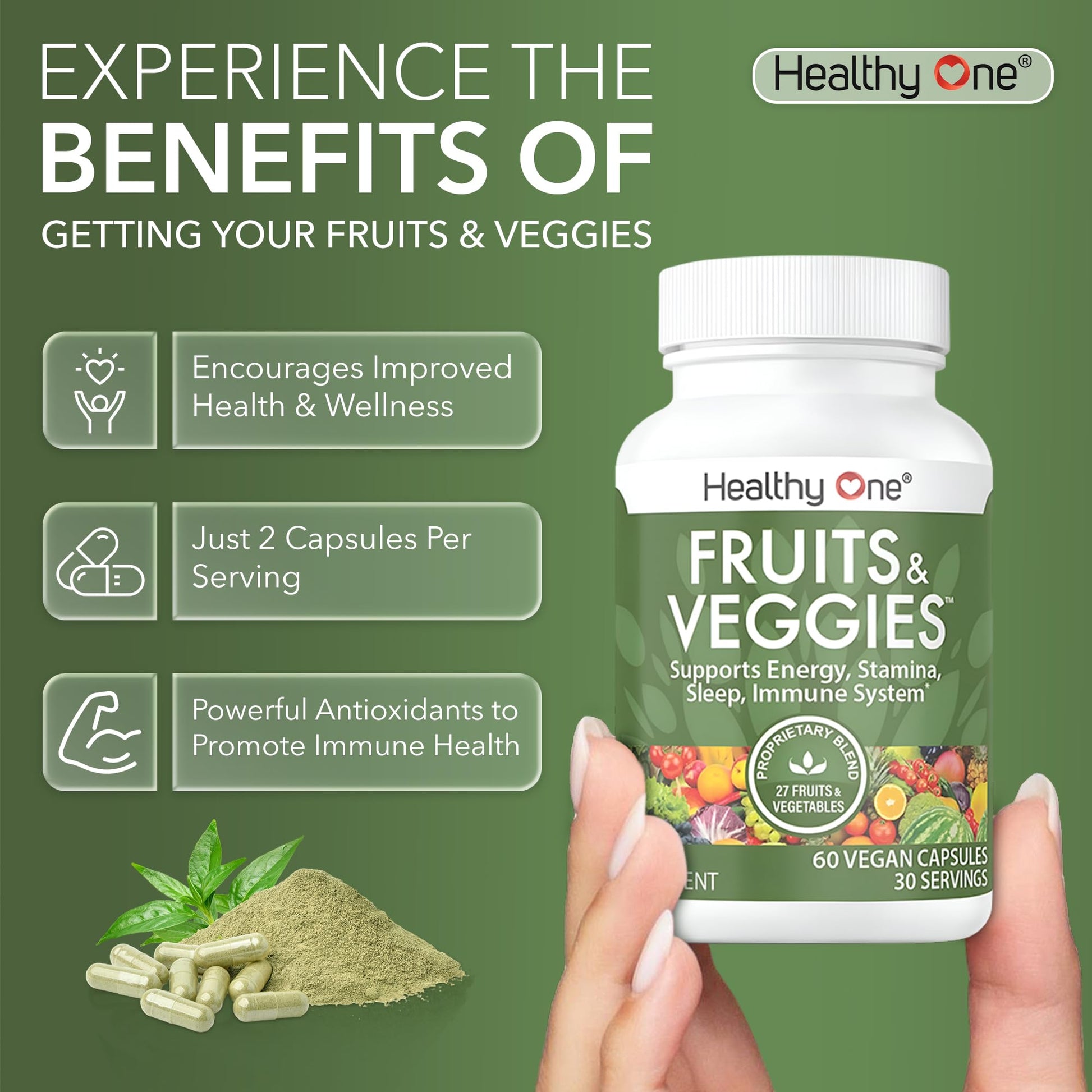 Fruits & Veggies Formula - 27 Premium Whole Foods - Organic Ingredients - Equals 3 Servings of Fruits & Vegetables - Improve Energy, Focus & Immune Function - Fiber - Antioxidants - 120ct (60 Serv) Healthy OneBuy Supplements Australia