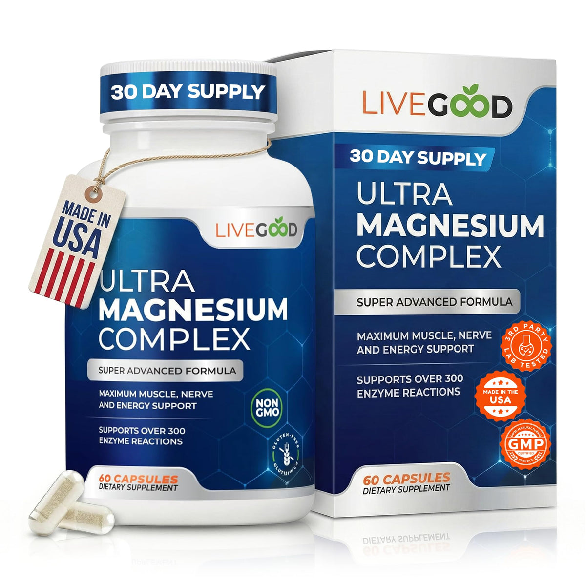 LiveGood Ultra Magnesium Complex supplement bottle and packaging on a white background