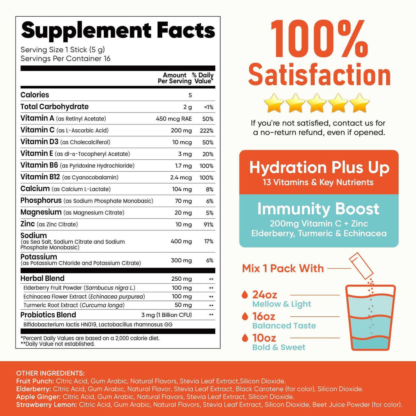 Venture Pal Sugar Free Hydration Packets+Immune-Liquid Daily IV Drink Mix | Electrolyte Powder with 7 Electrolytes & 6 Vitamins, Probiotics + Elderberry | Non-GMO, Keto Friendly, Vegan | 16 Sticks