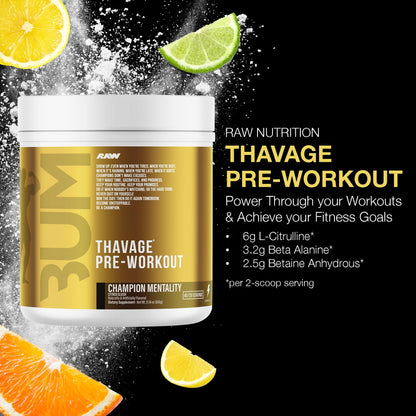 RAW Pre Workout Powder, Thavage (Beach Bum) - Chris Bumstead Sports Nutrition Supplement for Men & Women - Cbum Pre Workout for Working Out, Hydration, Mental Focus & Energy - 40 Servings