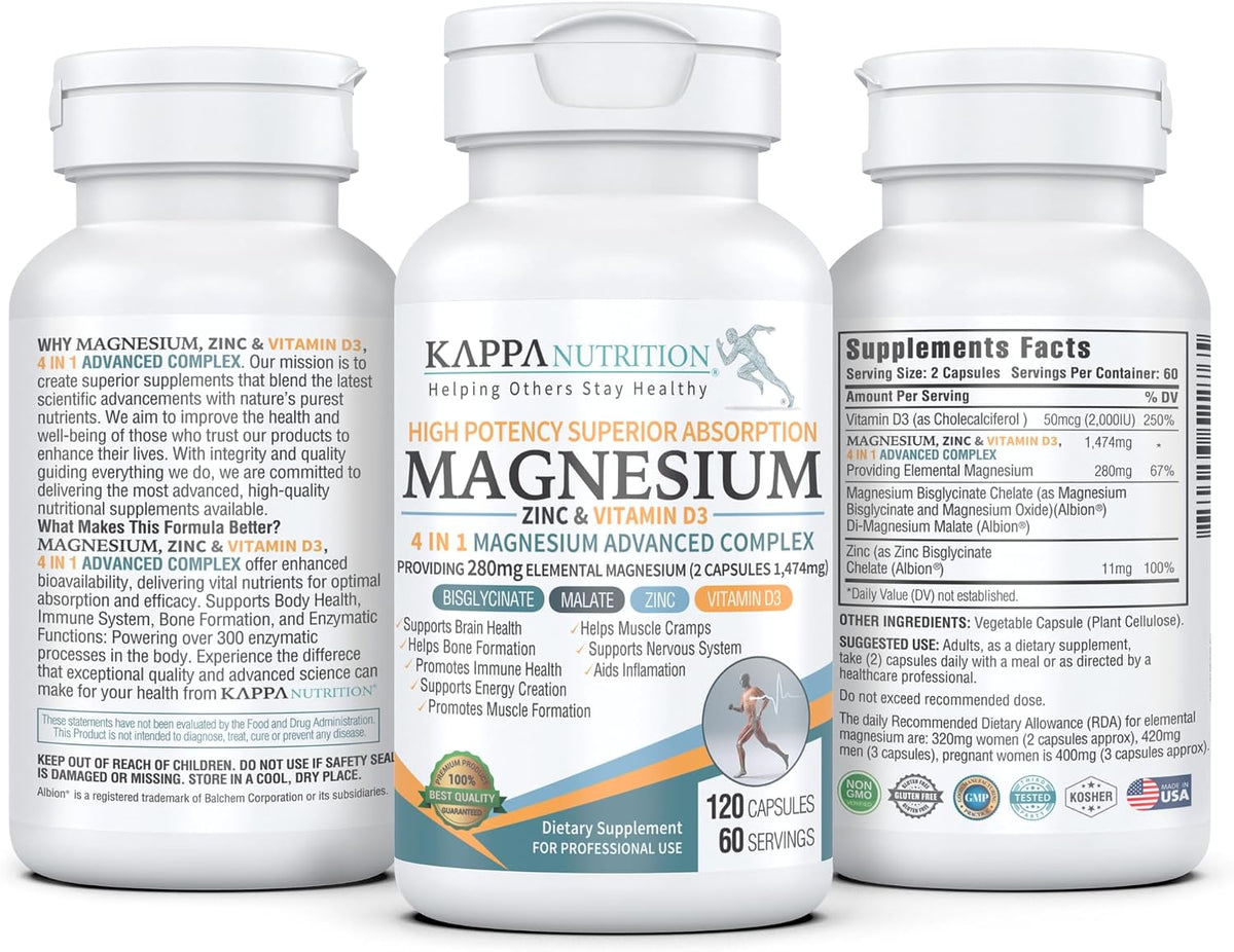 Kappa Nutrition Magnesium 4-in-1, 280mg Elemental Magnesium (Bisglycinate, Malate) + Zinc & Vitamin D3, Brain, Sleep, Energy, Muscle, Immune Support, 120 Vegan Capsules.