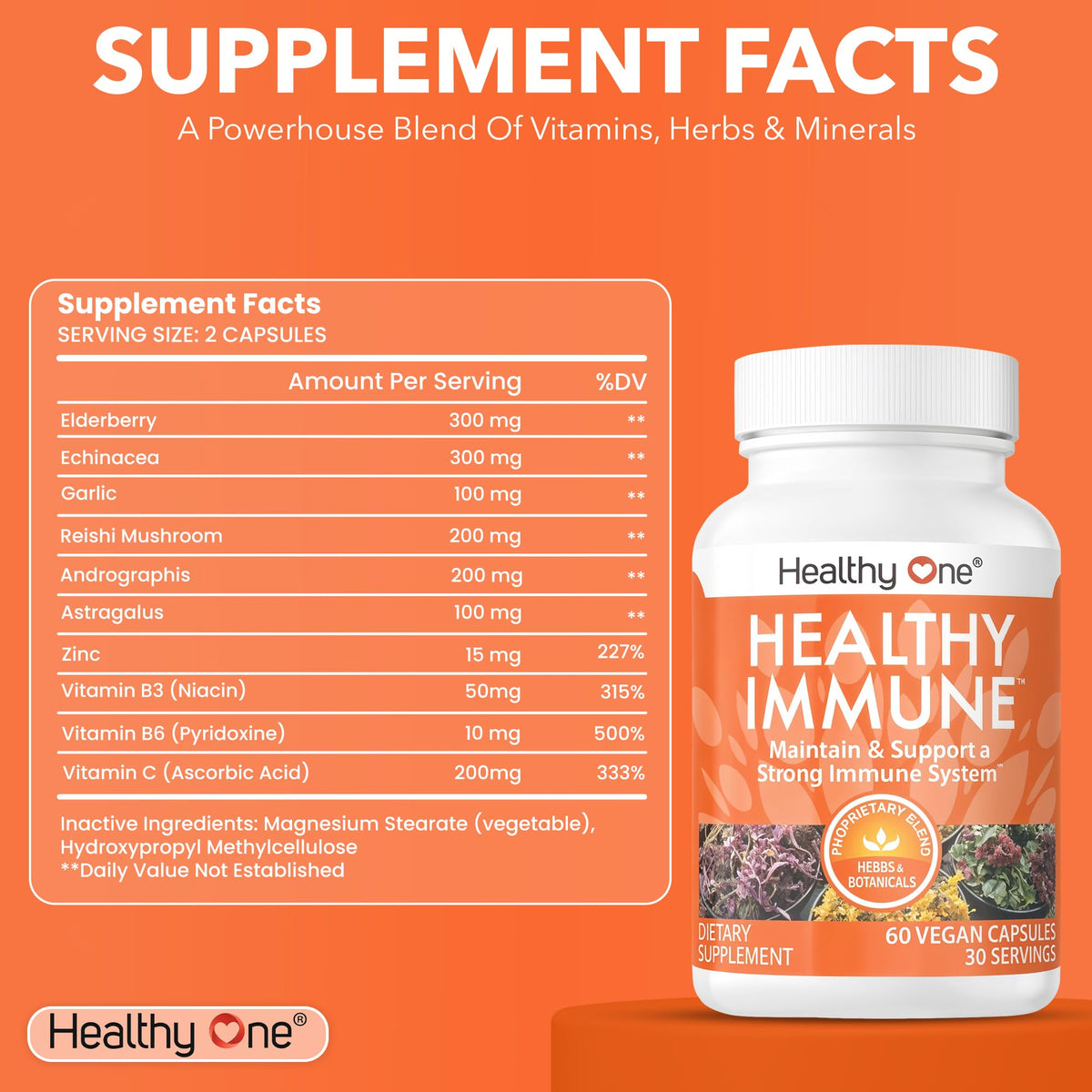 Healthy Immune - 10 in 1 Formula - Cold & Flu Virus - Sick & Illness - Covid - Elderberry - Echinacea - Vitamin C - Zinc - Garlic - Reishi - Andrographis - Astragulus - Antioxidants - Immunity - 120ct Healthy One buy supplements Au