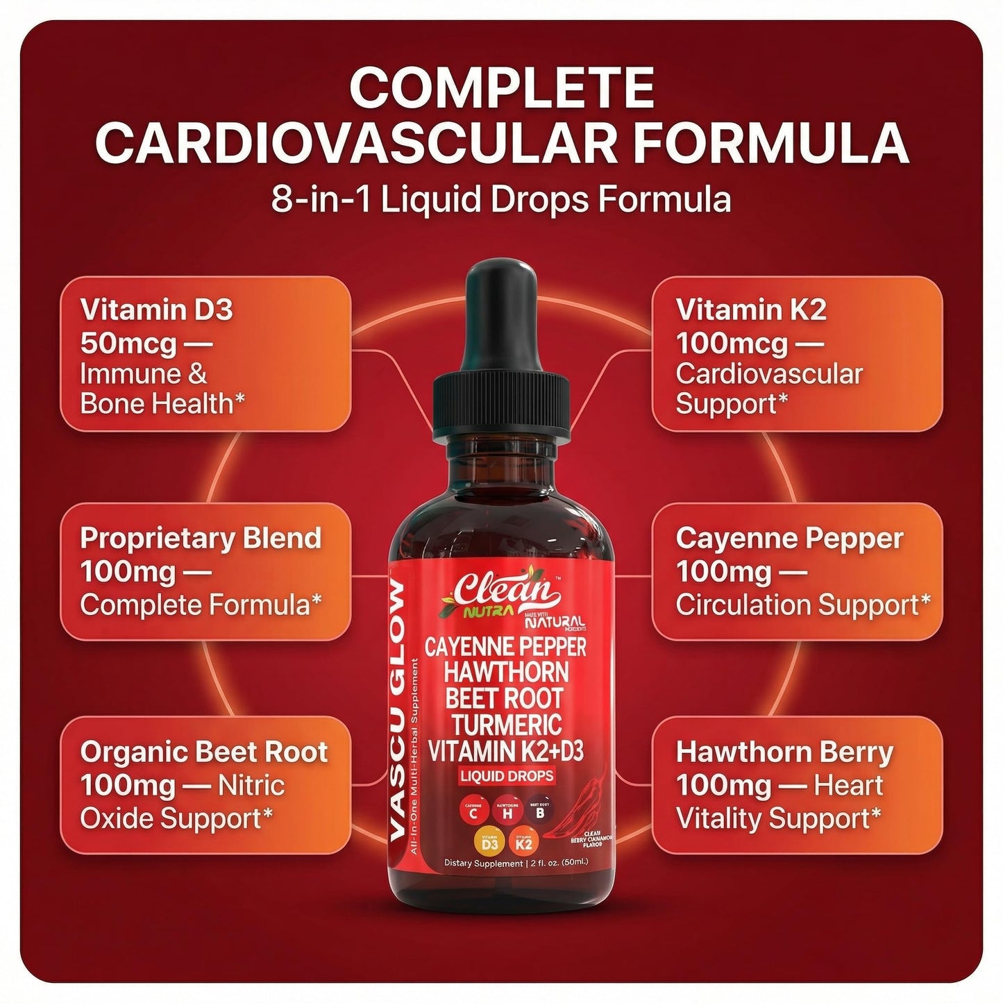 Clean Nutra Cayenne Pepper Drops Supplement Liquid + Hawthorn Berry, Vitamin D3 K2 Beet Root Powder, Ceylon Cinnamon, Turmeric Curcumin