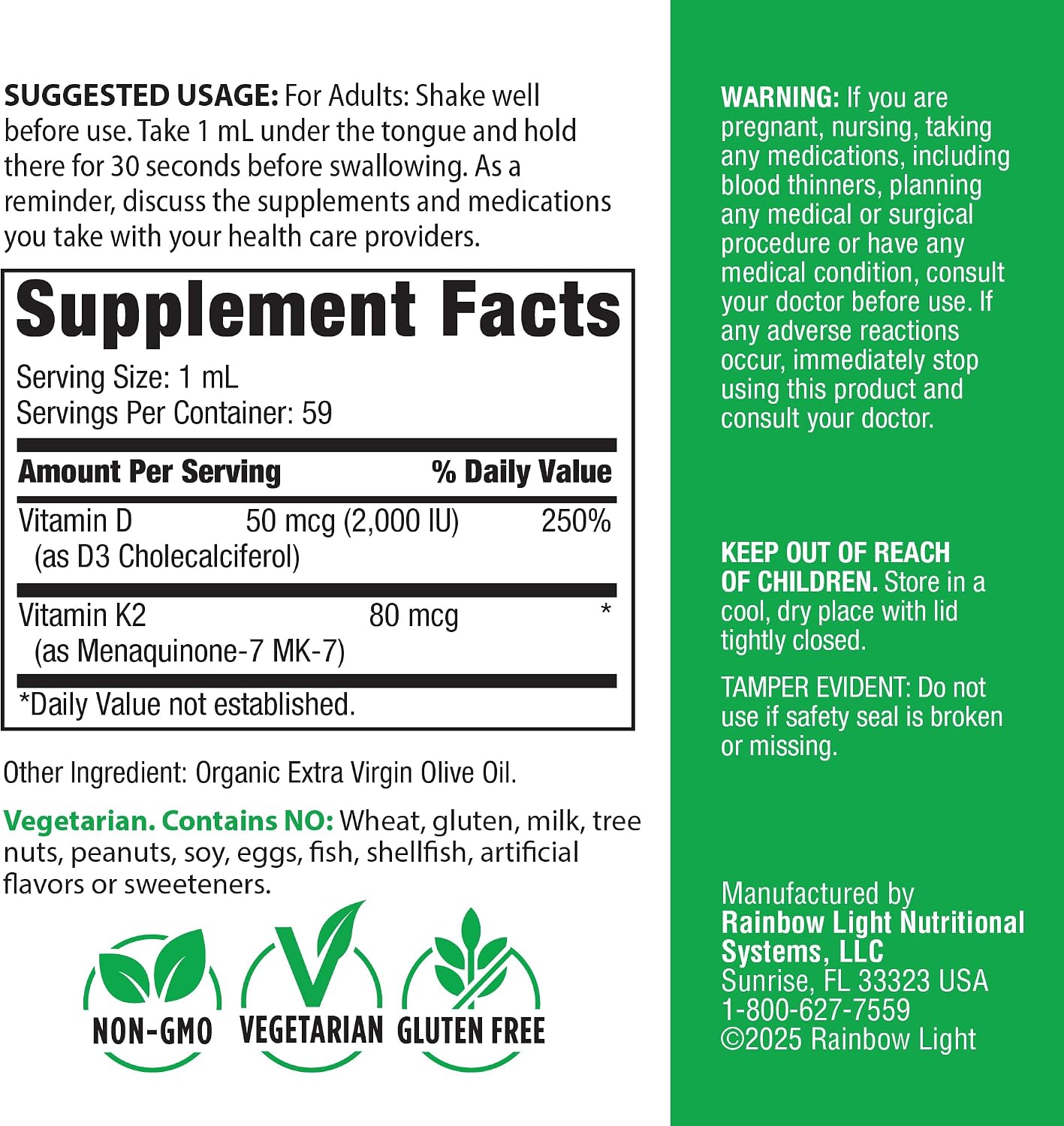 Rainbow Light Vitamin D3 + K2 as MK7 | 2 Fl Oz | 2,000IU Vitamin D | High Potency Formula | Vegetarian, Non-GMO, Gluten Free