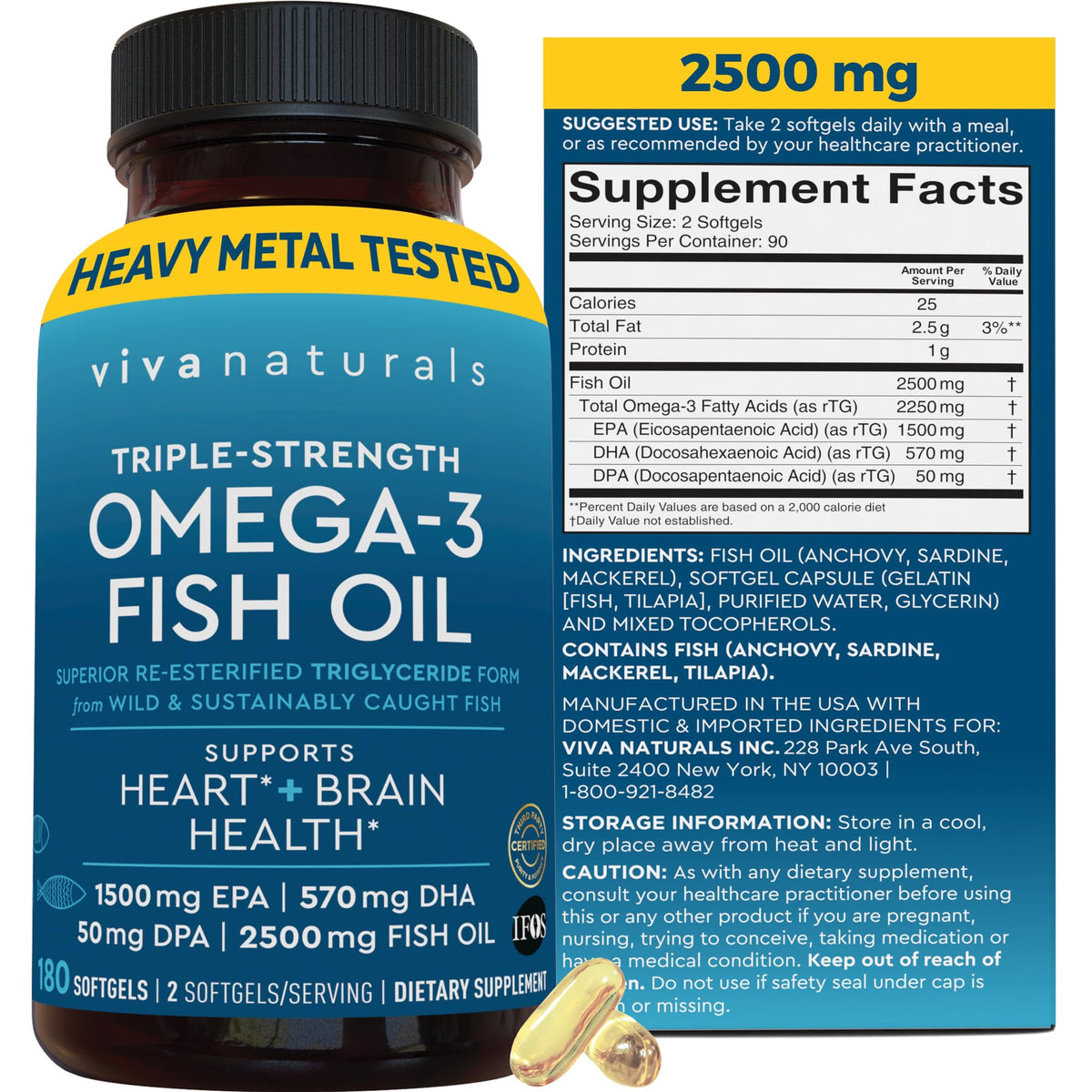 Triple Strength Fish Oil Omega 3 Supplements for Women and Men – 2500 mg High-Potency, Easy-to-Absorb Re-esterified Triglyceride Form, Pescatarian-Friendly DPA Omega 3