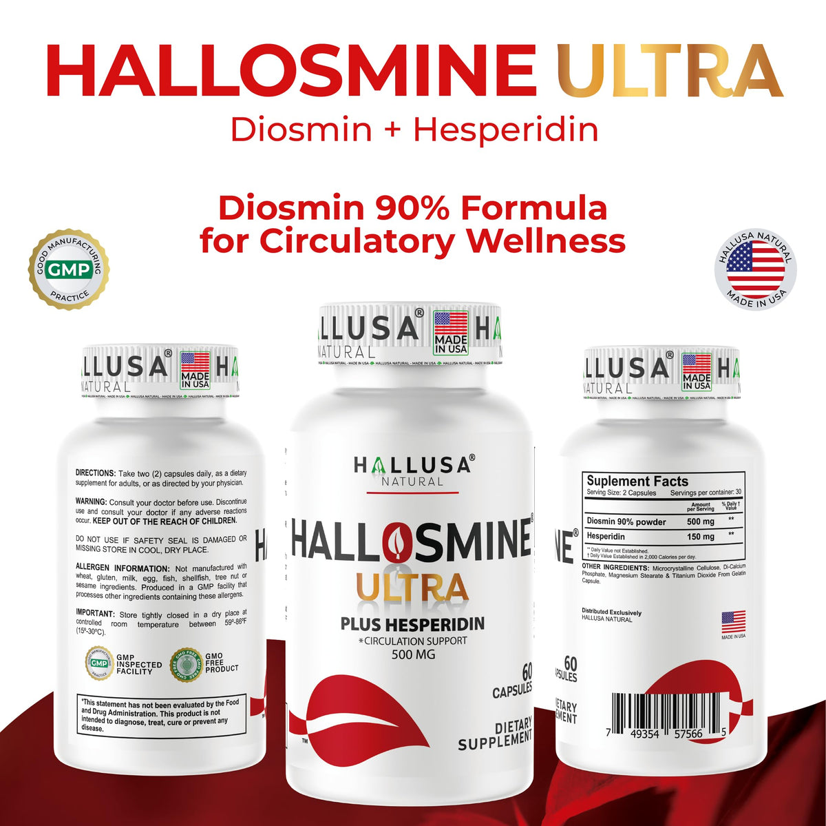 Hallosmine Ultra 650mg Diosmin Hesperidin, 60 Capsules + FREE Leg Cream with Diosmin, Hesperidin & Horse Chestnut, 4 oz | Blood Circulation & Vein Support Supplement, GMO Free, Gluten Free Hallusa NaturalBuy Supplements Australia