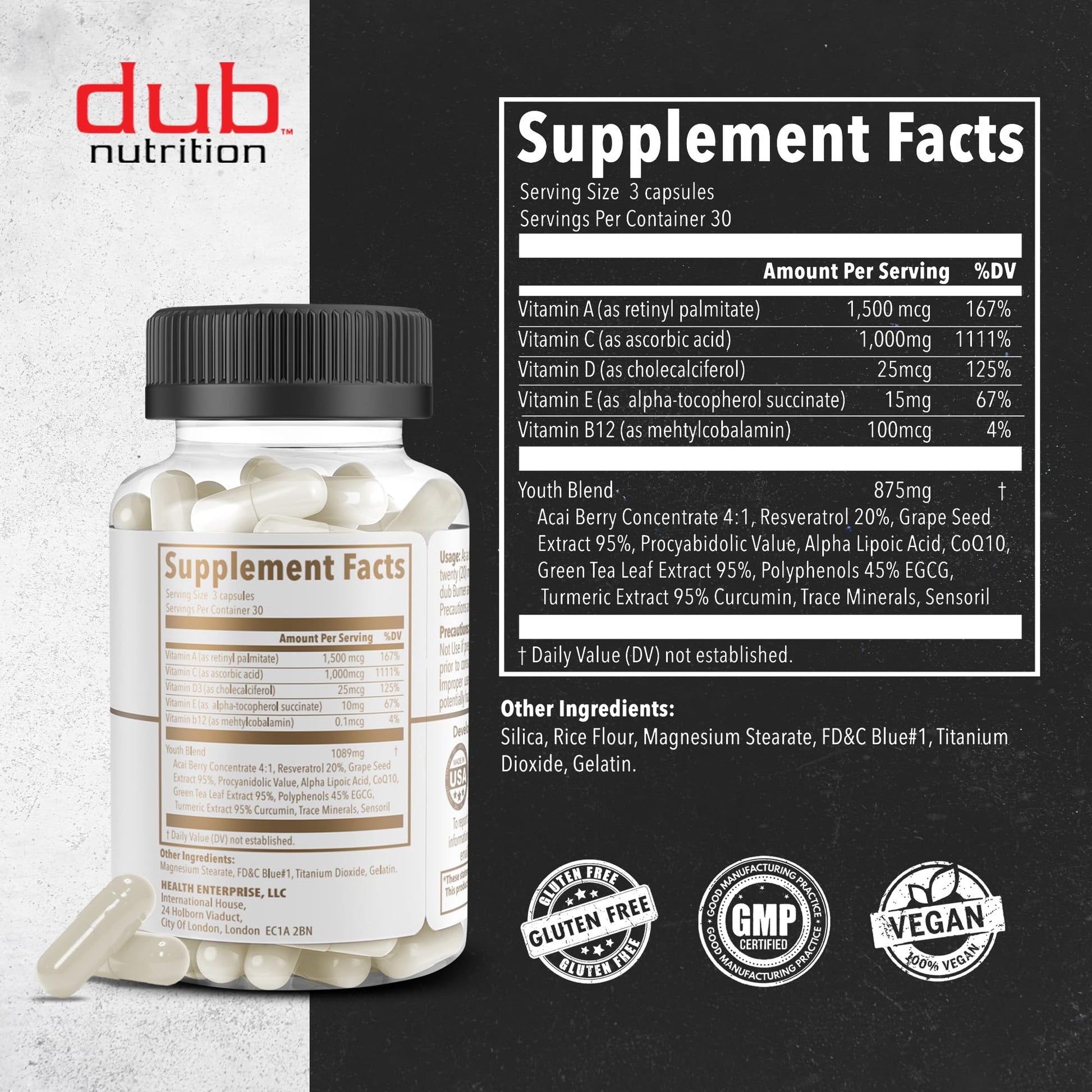 Dub Nutrition Youth - Formula with Acai, Resveratrol, Curcumin, Vitamins A, C, D, E, B12, and CoQ10 - Supports Immunity and Mobility - 90 Capsules Dub Nutrition buy supplements Au