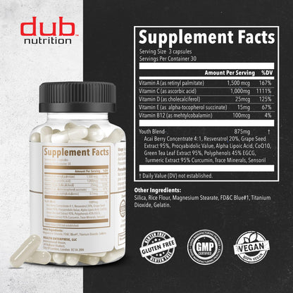 Dub Nutrition Youth - Formula with Acai, Resveratrol, Curcumin, Vitamins A, C, D, E, B12, and CoQ10 - Supports Immunity and Mobility - 90 Capsules Dub Nutrition buy supplements Au