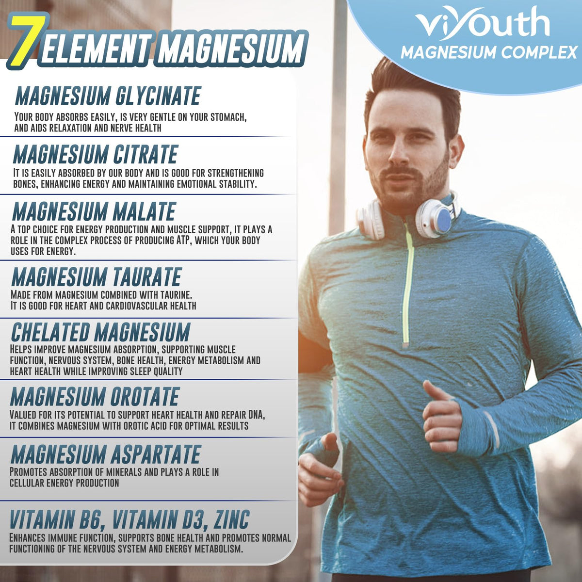 Magnesium 7 Complex Supplement Advanced with 7 Forms of Magnesium (Glycinate, Malate, Chelate, Aspartate, Orotate, Taurine, Citrate), Zinc, Vitamin D3 & Vitamin B6