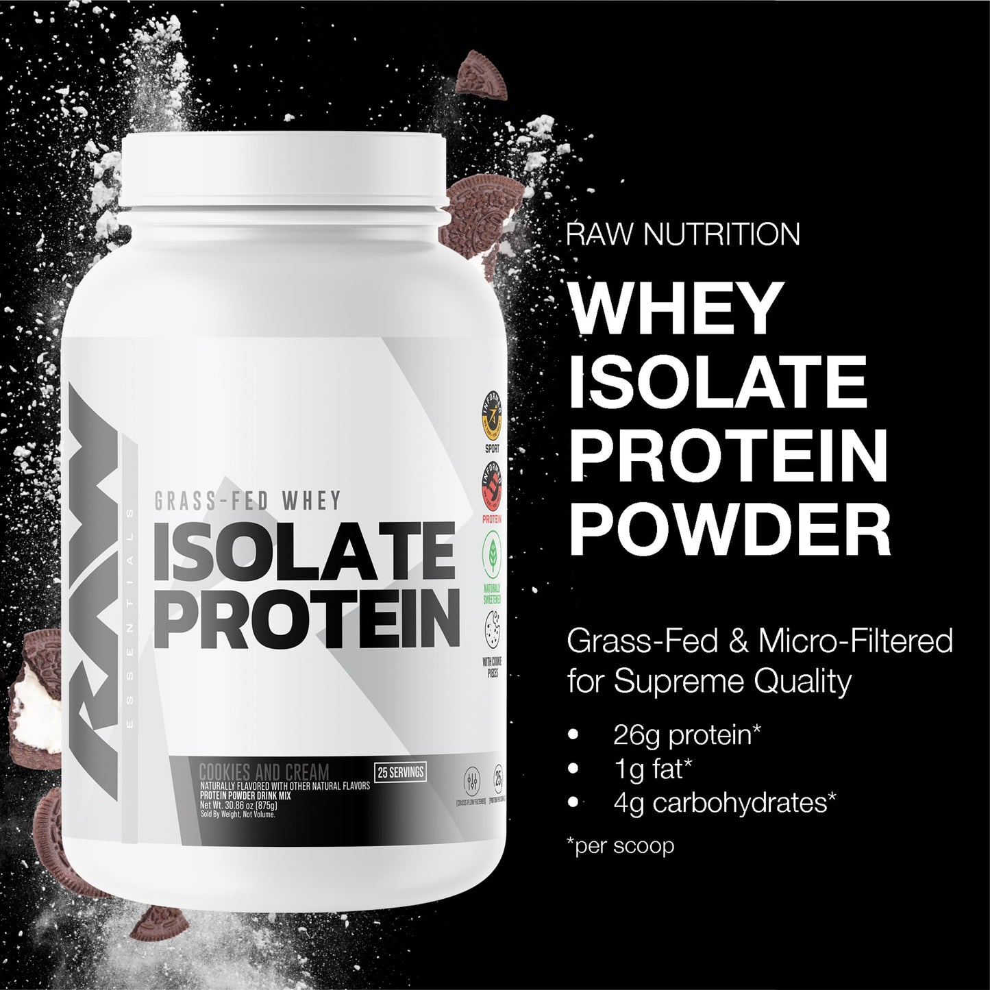 RAW Whey Isolate Protein Powder, Dark Chocolate - 100% Grass-Fed Sports Nutrition Whey Protein Powder for Muscle Growth & Recovery - Low-Fat, Low Carb, Naturally Flavored & Sweetened - 25 Servings