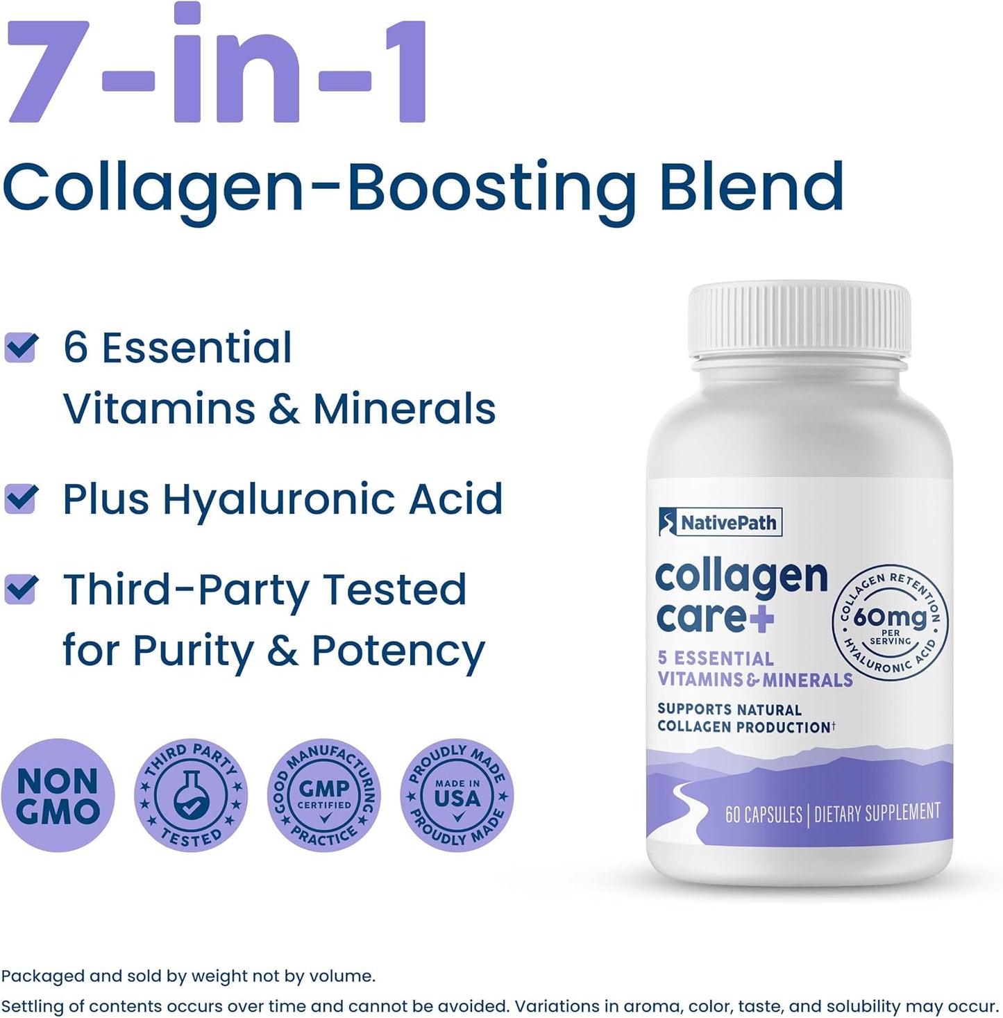 NativePath Collagen Care+, 5 Vitamin Blend with Hyaluronic Acid and Boron that Supports Collagen for Men and Women, 60 Capsules | Vitamins A, C, Zinc & Boron, Supports Skin, Hair, Nails & Your Body's Own Production, Beauty, Women