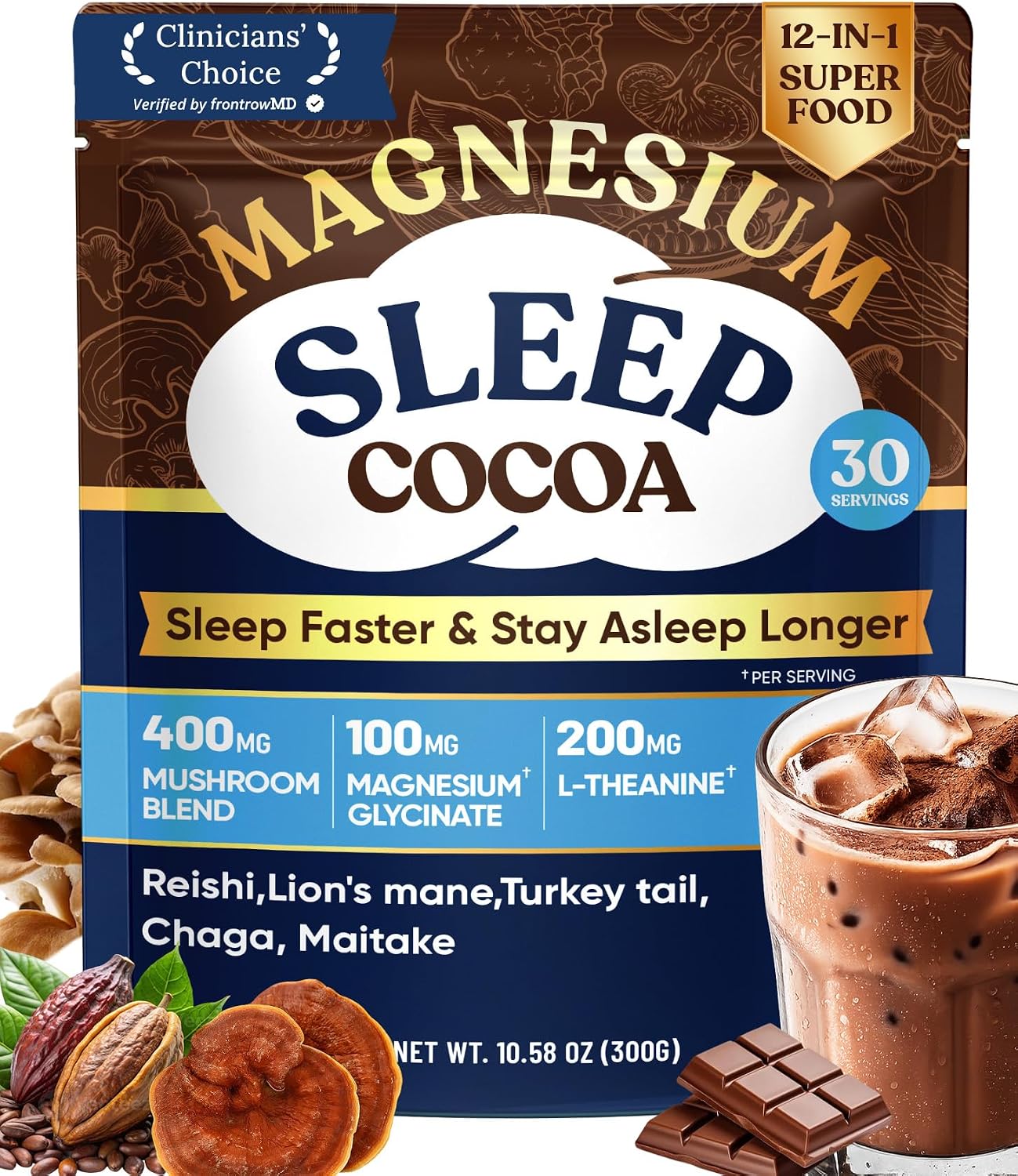 Mushroom Hot Cocoa Powder Natural Sleep Aid with 12 Superfoods, 30 Servings | Magnesium Glycinate, Melatonin 3mg, L-Theanine, Glycine, Lion's Mane, Reishi & Turkey Tail, Moon Bedtime Brew Hot Cocoa Mix