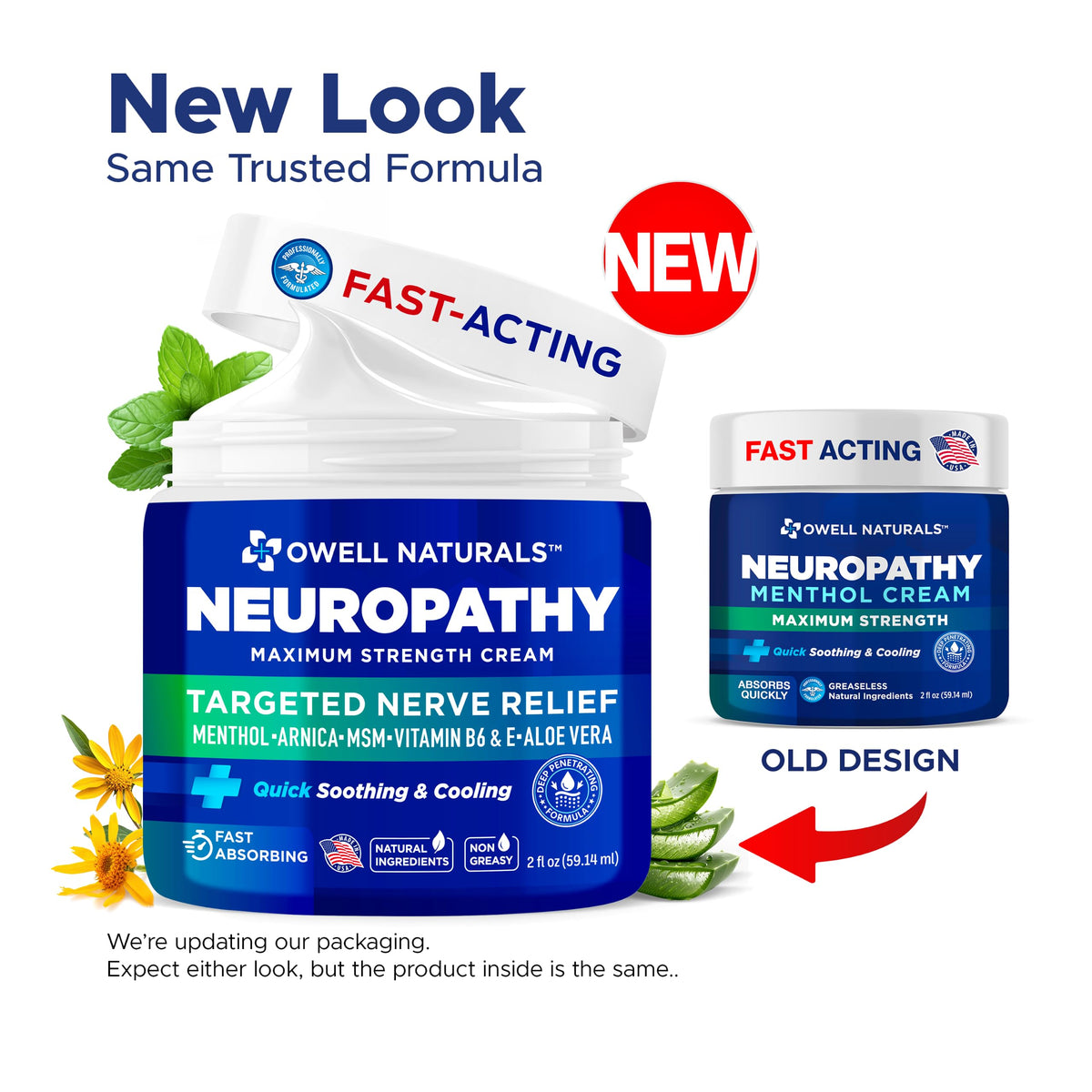Owell Naturals Neuropathy Cream Extra Strength – Fast Absorbing Cooling for Leg, Feet & Hands – Advanced Soothing Formula with Aloe Vera, Arnica, MSM & Vitamin B6 – Made in USA, 2 fl oz