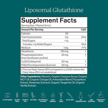 CYMBIOTIKA Liposomal Glutathione – PQQ, CoQ10, Detox & Skin Support | With PQQ, CoQ10 & vitamin B2. Sunflower liposomal delivery. Vegan, non-GMO, third-party tested. Citrus Vanilla, 26 packets.