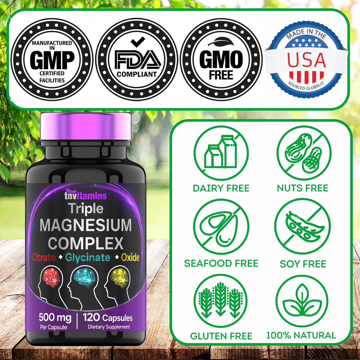 Triple Magnesium Complex Supplement 500mg: Magnesium Glycinate, Citrate, & Oxide - 120 Capsules (4 Month Supply!) | 1 Capsule Serving Provides 125% Daily Value | Non-GMO, Made in The USA! tnvitamins buy supplements Au