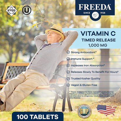 FREEDA Timed Release Vitamin C 1000mg – Slow-Release for All-Day Immune & Antioxidant Support, Gentle on Stomach, Kosher & Vegan, High-Absorption Tablets (100 Tablets) | Supports All-Day Immune & Antioxidant Defense – Promotes Collagen & Cell Health – Gen