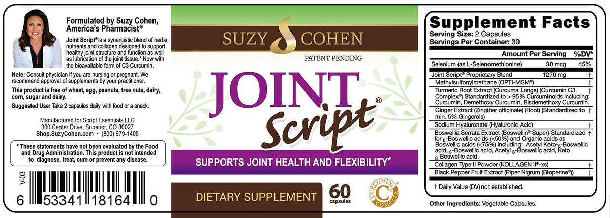 Suzy Cohen Joint Script Joint Support Supplement with Hyaluronic Acid, C3 Curcumin Turmeric Extract, MSM, Collagen Peptides, Ginger, and Boswellia for Maximum Flexibility, Tendon and Cartilage Health Script EssentialsBuy Supplements Australia