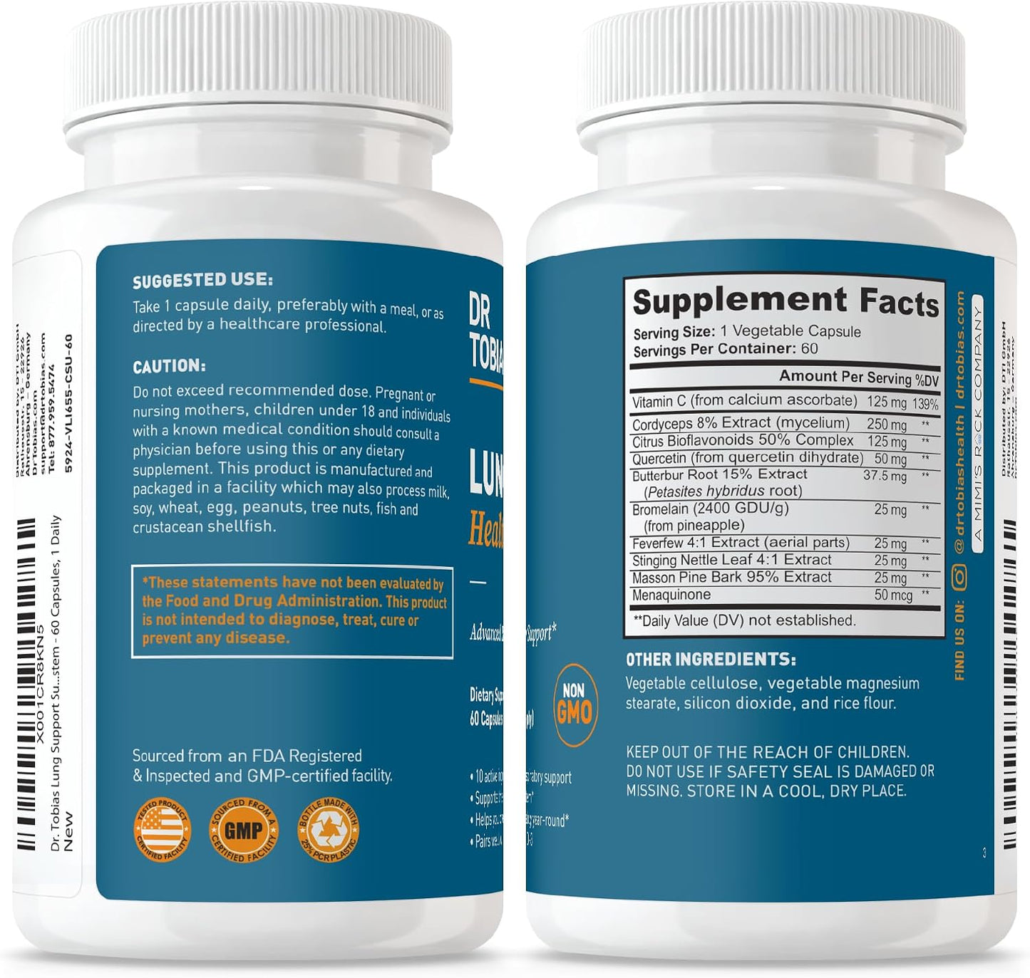 Dr. Tobias Lung Health Respiratory Support 60 Capsules | Lung Supplement | Lung Cleanse, Bronchial & Immune Support | Vitamin C + Butterbur + Quercetin + Bromelain | 60 Servings