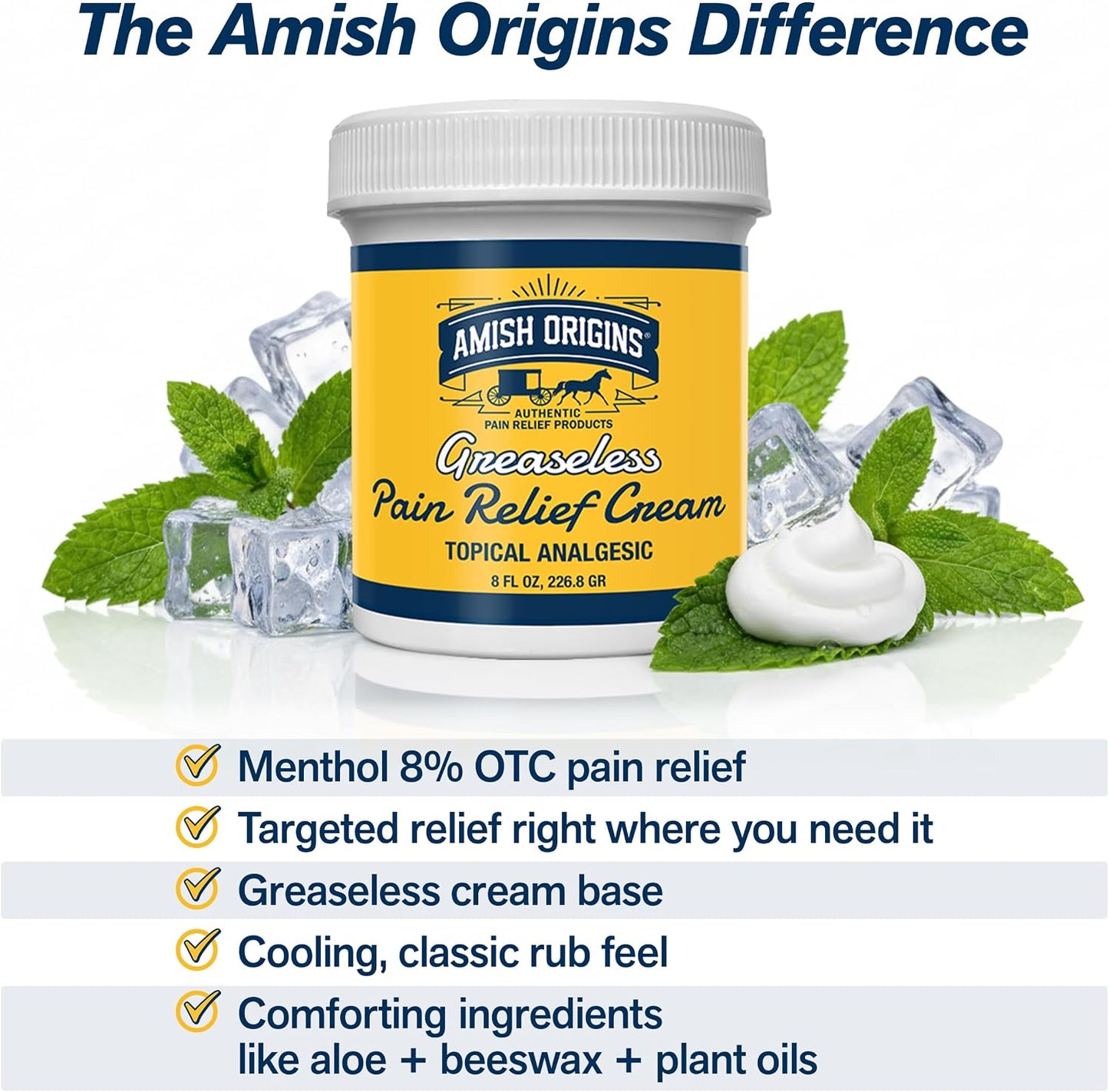 Amish Origins Pain Relief Cream, Maximum Strength Deep Penetrating for Joint, Muscle, Knee, Back, Feet, Hand, Ankle, Aches, 8 fl oz (Pack of 1)