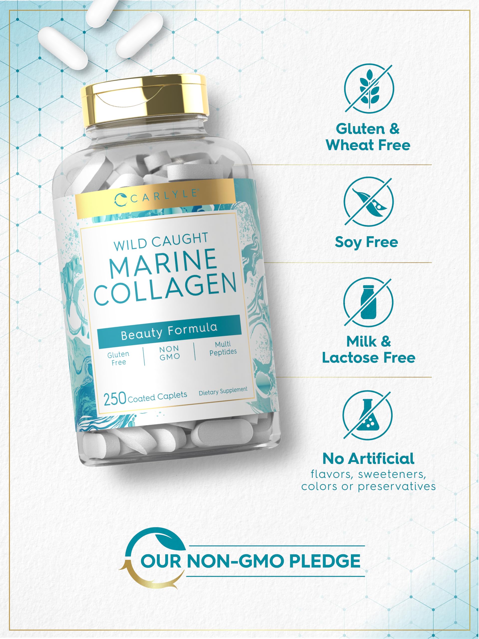 Carlyle Marine Collagen for Hair Skin and Nails | 250 Caplets | Peptides for Women and Men | Type I with Calcium | Non-GMO & Gluten Free Carlyle buy supplements Au