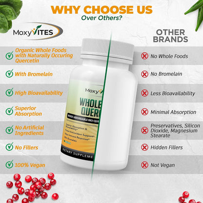 MoxyVites Quercetin with Bromelain 500mg Supplement - Bioactive Phytosome Complex, Pure Organic Whole Food Seasonal Support, Antioxidant, 20X Absorption & Bioavailability-120 Caps
