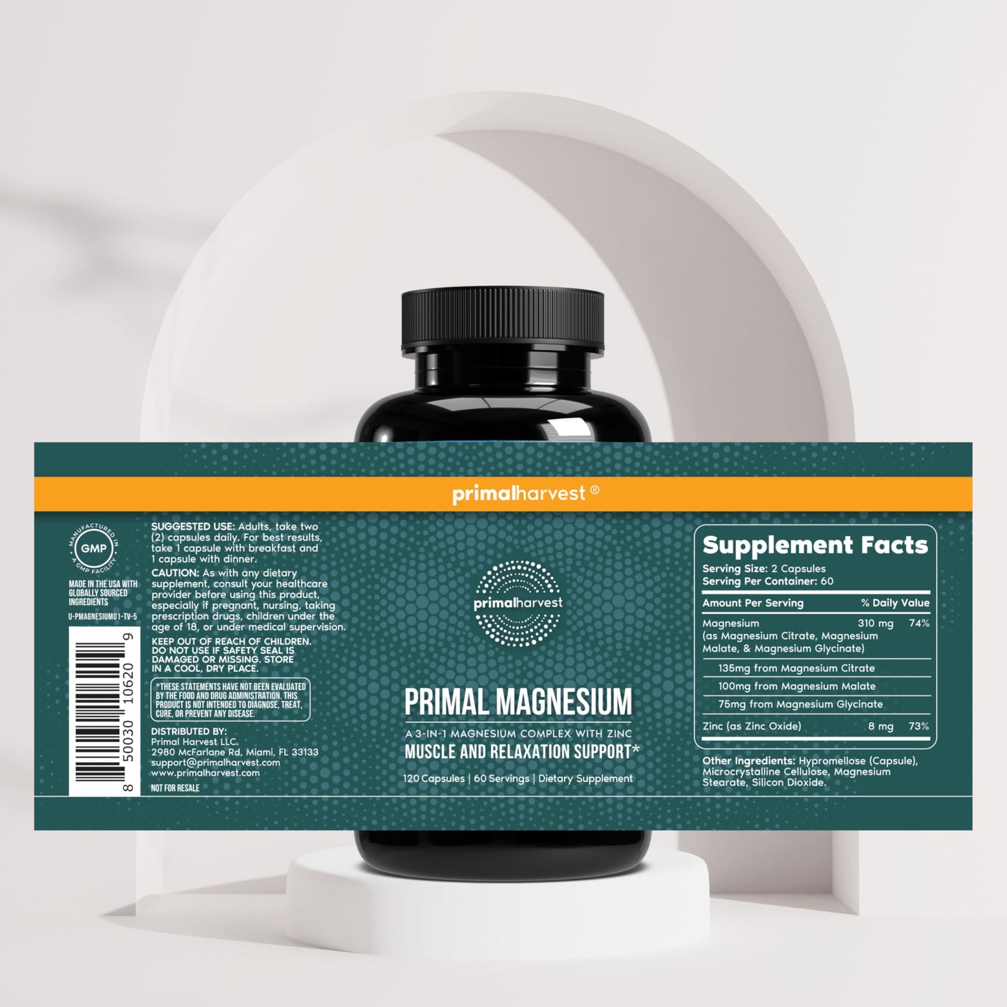 Primal Harvest Magnesium Supplement Complex 310mg by Primal Harvest with Magnesium Glycinate, Citrate, Malate, and Zinc 2 Pack, 240 Capsules Primal Harvest buy supplements Au
