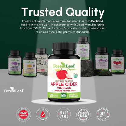 USDA Organic Apple Cider Vinegar Capsules with Mother, 1200 mg | Vegan & Non-GMO | Apple Cider Vinegar Pills with Cayenne Pepper & Ginger Root | 120 Caps