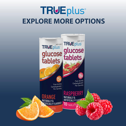 TRUEplus Glucose Tablets, Raspberry Flavor, 10 Count, 6 Tubes | Chewable Tablets, 15g Fast-Acting Carbohydrates, Fat Free, Gluten Free, Boosts Energy, Great Tasting and Easy to Use