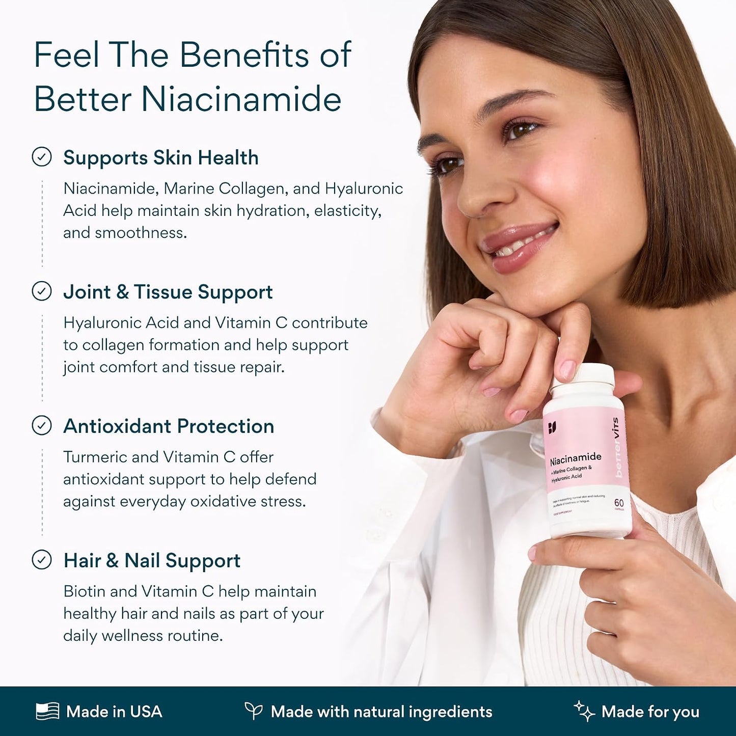Bettervits Niacinamide Supplement with Vitamin B3, Marine Collagen & Hyaluronic Acid | High-Strength Vitamin B3 Capsules 300 mg. with Turmeric for Energy Metabolism & Skin Support - 60 Capsules