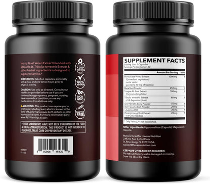 Horny Goat Weed with Maca, Tongkat Ali and Saw Palmetto, 30 Servings | Vegan, Non-GMO, Gluten free Horny Goat Weed Capsules for Men & Women, Extra Strength Performance, 60 Count, 1 Month Supply