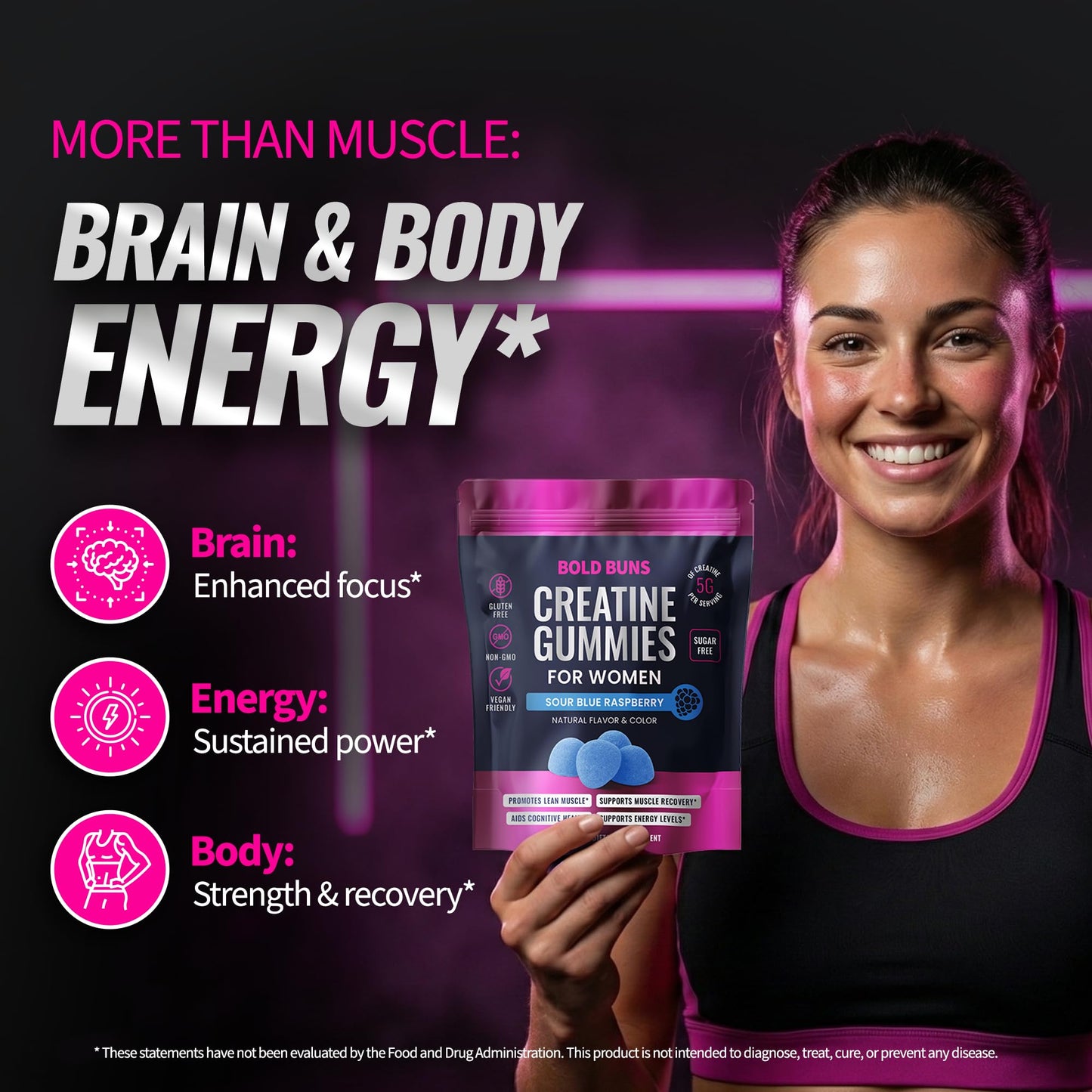 Bold Buns Creatine for Women – Supplement with Collagen & BCAA – Supports Muscle Development, Post-Workout Recovery, Skin Elasticity, Healthy Hair & Nail (30 Servings, Unflavored)