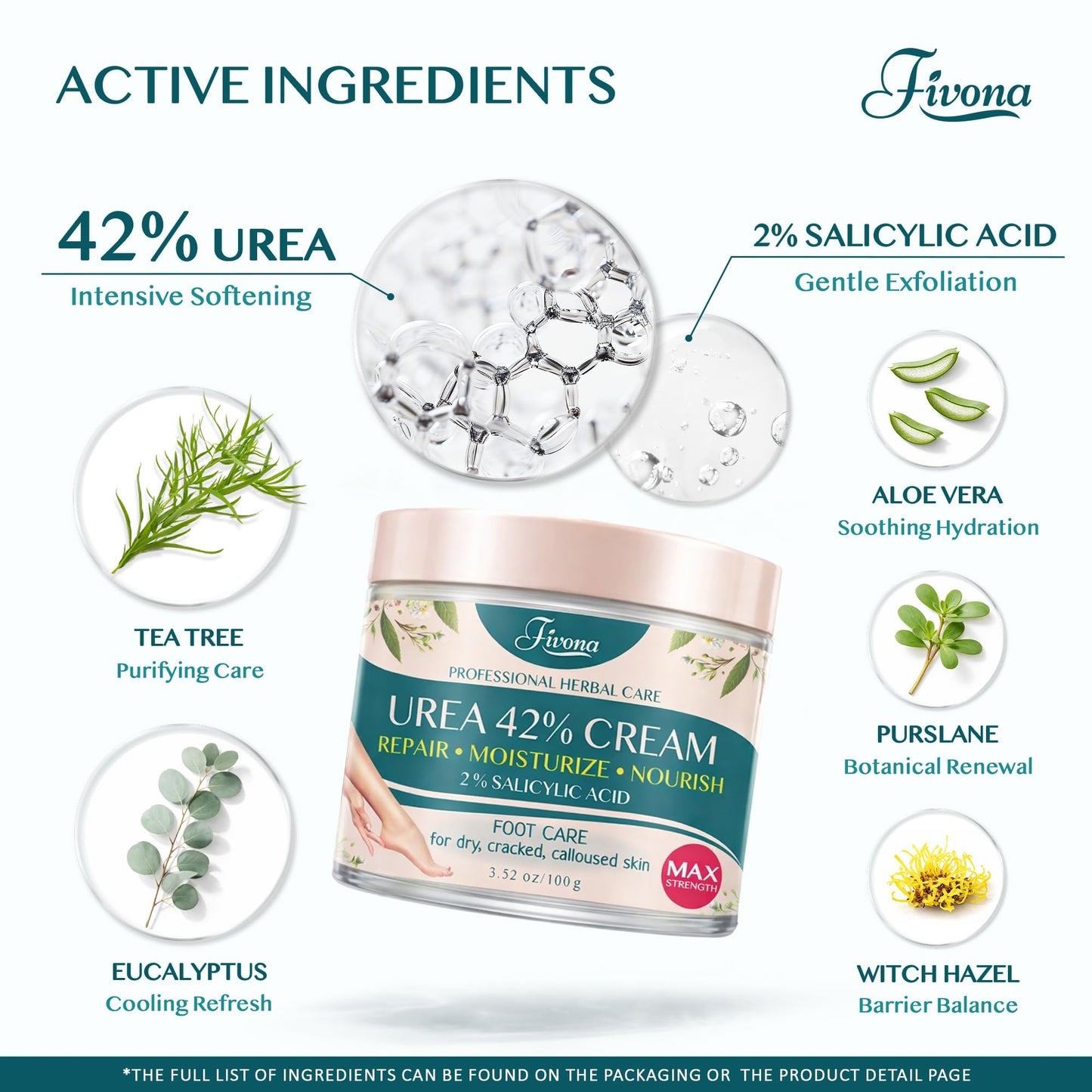 FIVONA 42% Urea Foot Cream for Thick, Rough Dry Skin - Maximum Strength Callus Softening with 2% Salicylic Acid, Tea Tree & Aloe Vera, 100g (3.5 oz) - Deep Moisturizing Foot Care