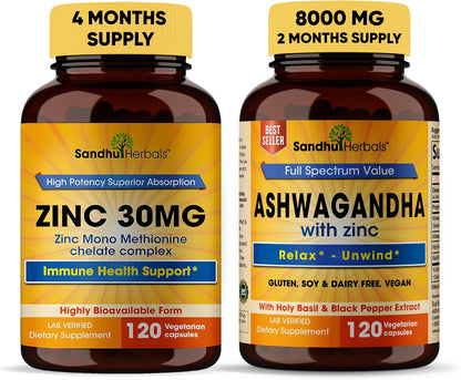 Sandhu Herbals Zinc Supplement and Organic 4 in 1 Ashwagandha Capsules with Zinc| Supports Healthy Skin, Immune System| Non-GMO