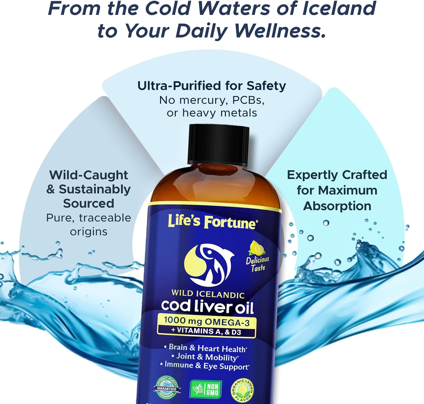 Life's Fortune Cod Liver Oil Liquid Lemon Flavor Organic Supplement with DHA, EPA 1000 mg High Potency Omega-3s + Vitamin A, E & D3 - Supports Immune, Joints, Eyes, 16 Fl Oz (Pack of 1)
