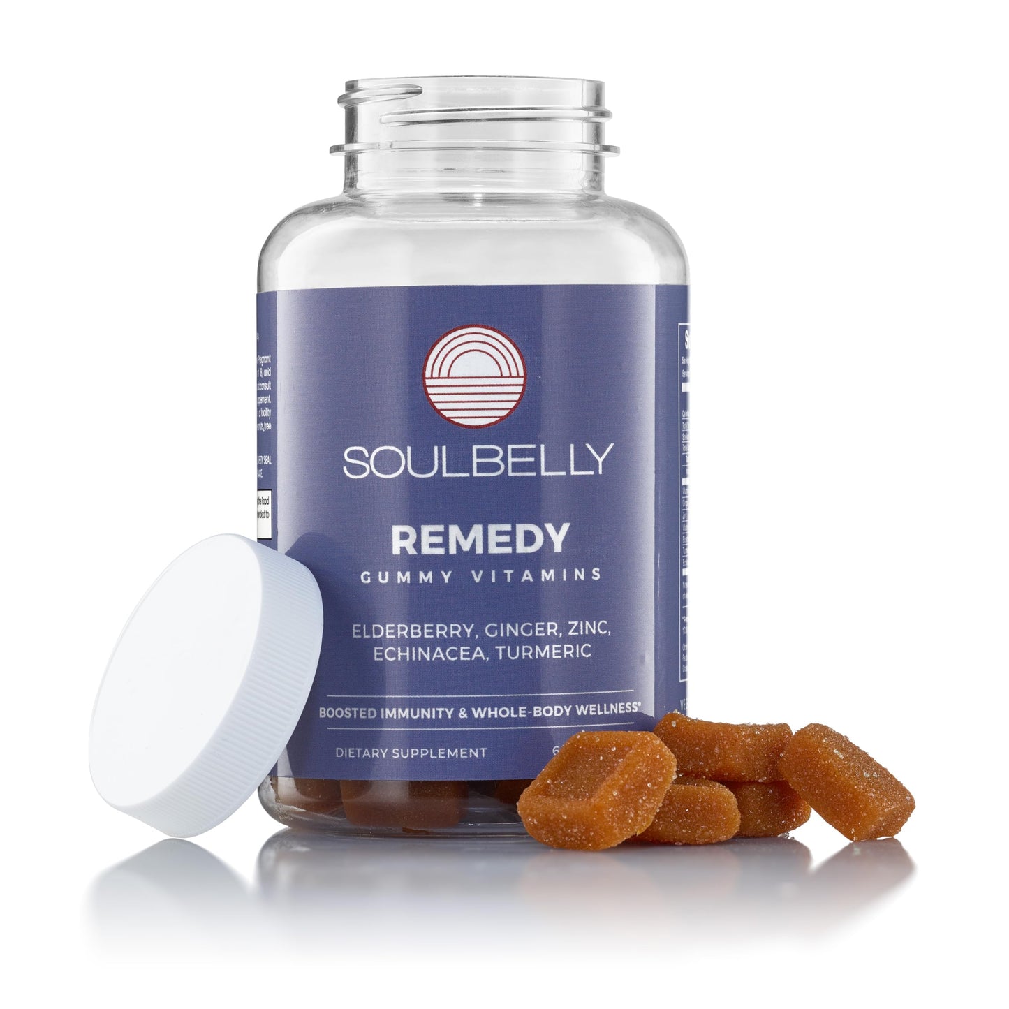 Soulbelly Remedy gummy vitamins bottle with gummies on a white background