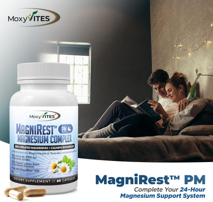 MoxyVites MagniRest PM Magnesium Complex for Women & Men - Magnesium Bisglycinate, Taurate, Active B6, & Calming Organic Botanicals - Chelated High Absorption - Nighttime Magnesium, 60 Vegan Capsules