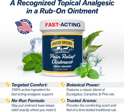 Amish Origins Pain Relief Ointment 4 oz Maximum Strength All Natural Discomfort Reliever for Joint, Muscle, Knee, Back, Neuropathy