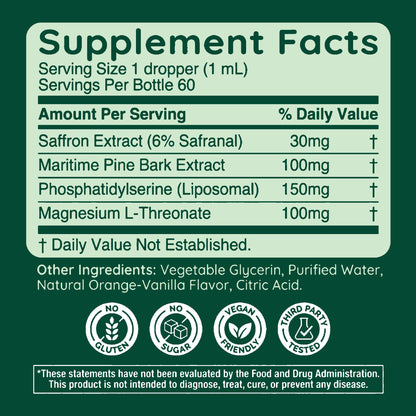 Halla Steady Mood Drops Saffron Extract, Maritime Pine Bark Extract, Phosphatidylserine, Magnesium L-Threonate, Sleep Supplements, Improves Focus & Attention, Mood Support Supplement, 60ml