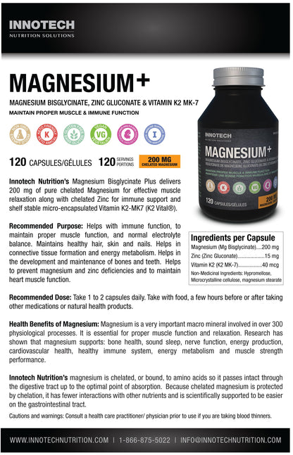 Innotech Nutrition Magnesium Plus Muscle Bone & Sleep Support Magnesium Bisglycinate Zinc & Vitamin K2 120 Vegan Capsules Innotech Nutrition Solutions buy supplements Au