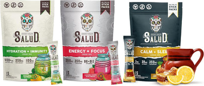 Salud Variety 3-Pack | 2-in-1 Hydration + Immunity (Cucumber Lime), Energy + Focus (Guava) & Calm + Sleep (Lemon Honey) – 15 Servings Each, Non-GMO, Gluten Free, Low Calorie, 1g of Sugar