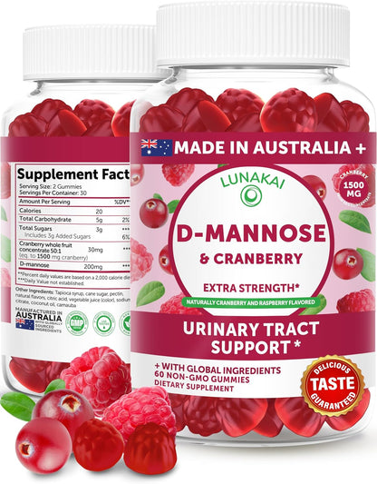Lunakai Cranberry Gummies for Women 1500mg (50:1 Extract) with D-Mannose 200mg - Daily Cranberry Supplement for Urinary Tract Health & Bladder Support, Non-GMO – Made in Australia – 60ct