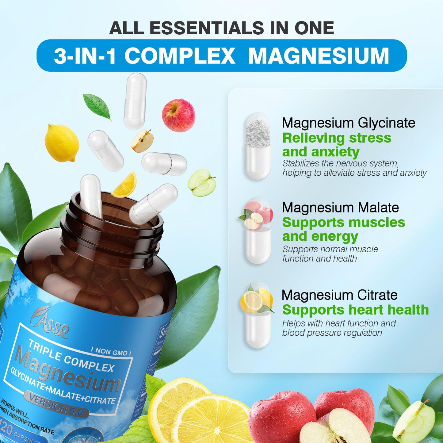 ASSR Triple Magnesium Complex – 300mg Magnesium Supplement with Glycinate, Malate & Citrate – Supports Relaxation, Muscle & Nerve Function