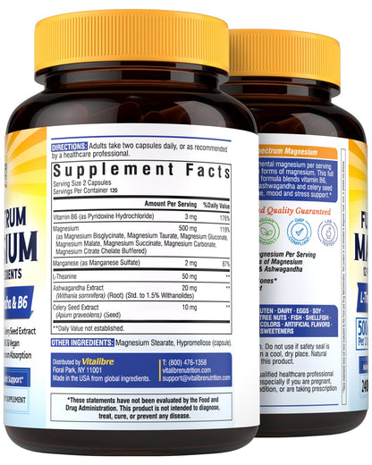 Vitalibre Magnesium Complex 500mg for Women Men, 120 Vegan Capsules | with Ashwagandha, L-Theanine, Vitamin B6 & Celery, High Absorption Magnesium Glycinate, Citrate, Malate, Sleep & Bone Support